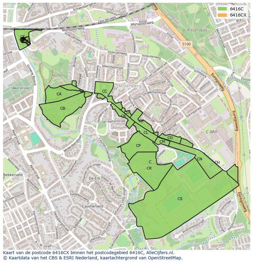 Afbeelding van het postcodegebied 6416 CX op de kaart.