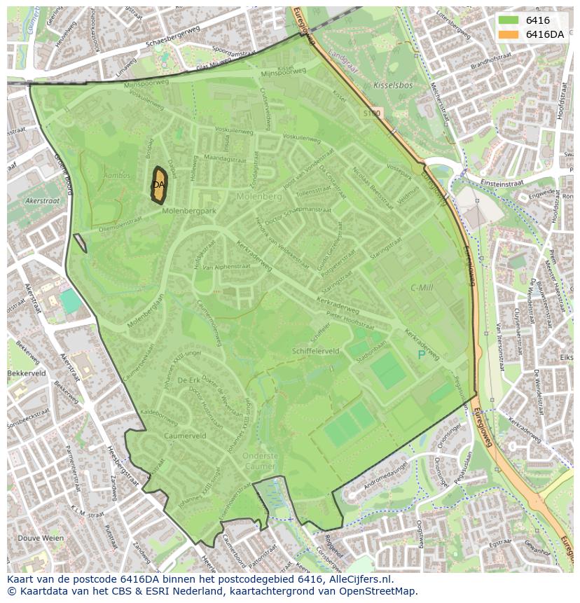 Afbeelding van het postcodegebied 6416 DA op de kaart.