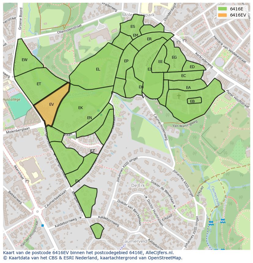 Afbeelding van het postcodegebied 6416 EV op de kaart.