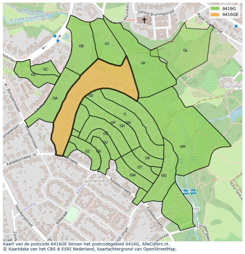 Afbeelding van het postcodegebied 6416 GE op de kaart.