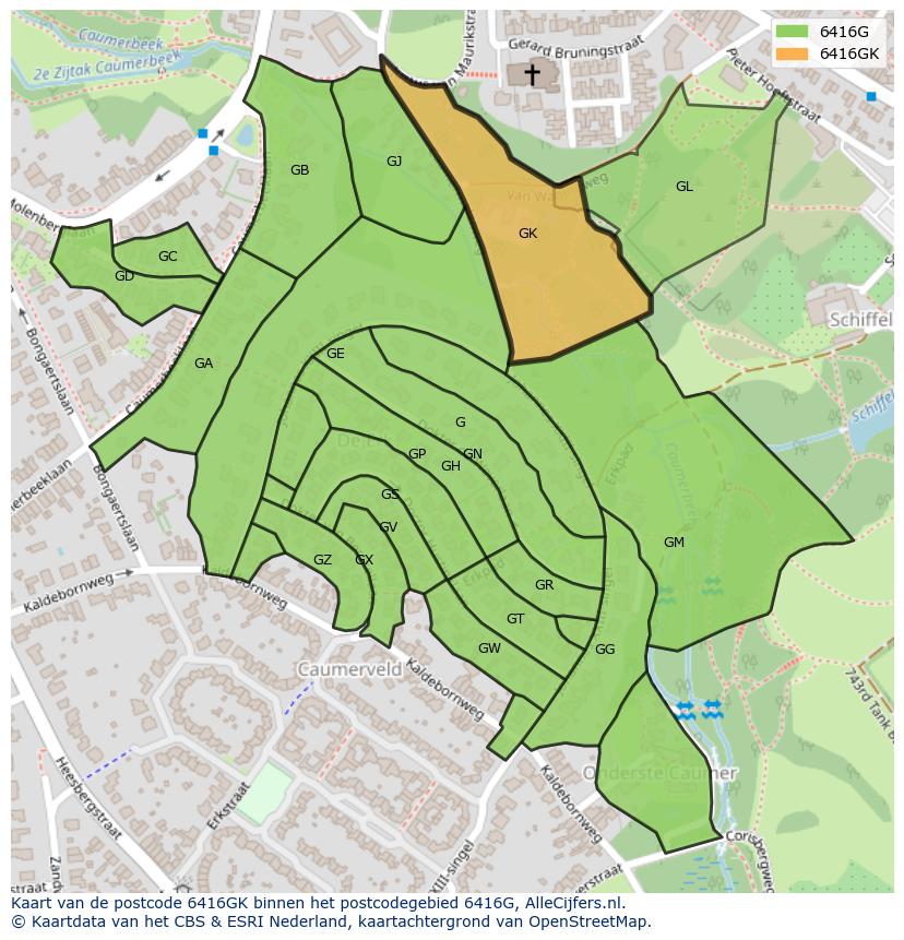 Afbeelding van het postcodegebied 6416 GK op de kaart.