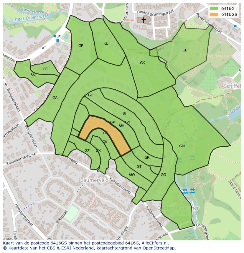 Afbeelding van het postcodegebied 6416 GS op de kaart.