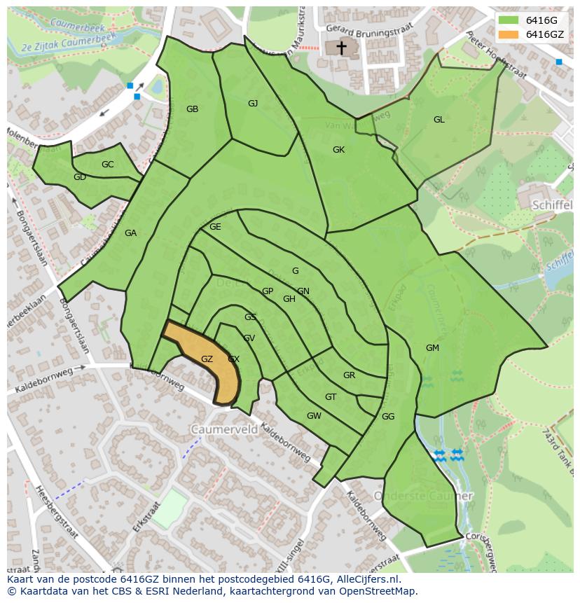 Afbeelding van het postcodegebied 6416 GZ op de kaart.