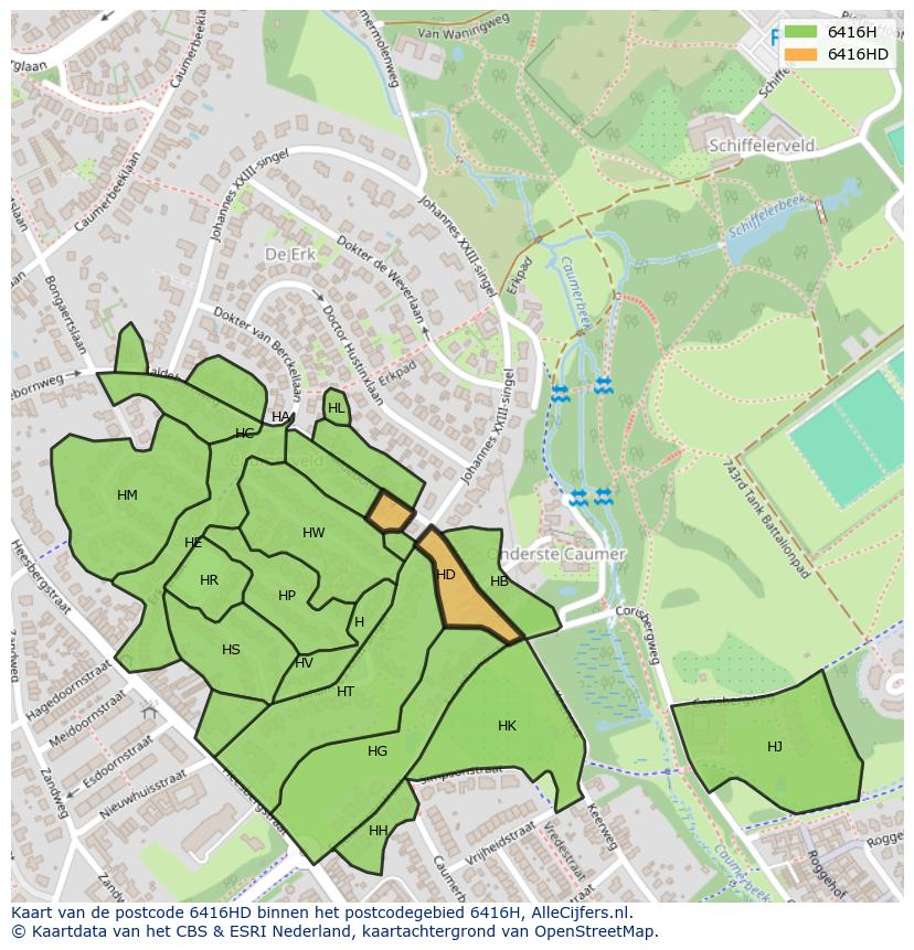 Afbeelding van het postcodegebied 6416 HD op de kaart.