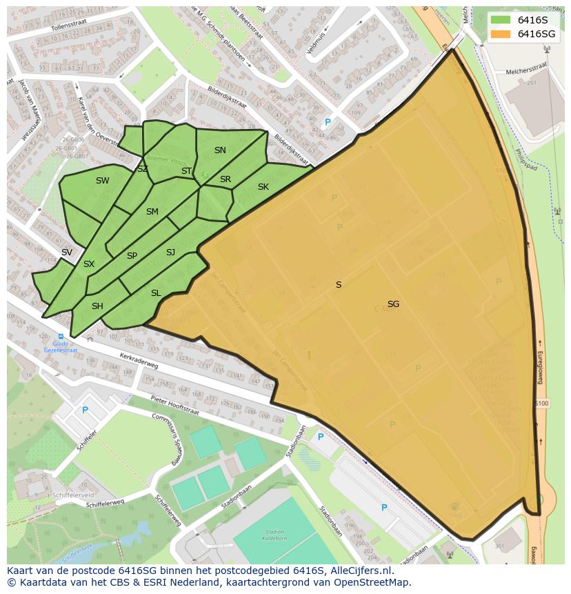 Afbeelding van het postcodegebied 6416 SG op de kaart.