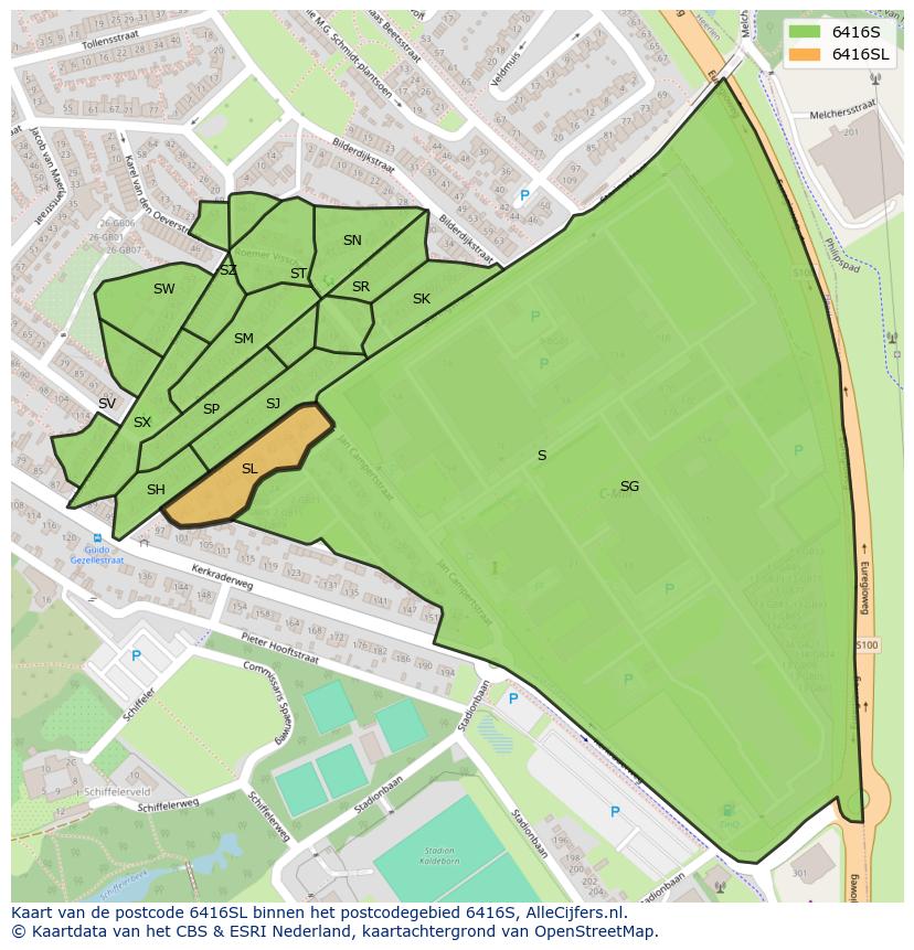 Afbeelding van het postcodegebied 6416 SL op de kaart.
