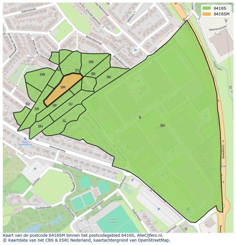 Afbeelding van het postcodegebied 6416 SM op de kaart.