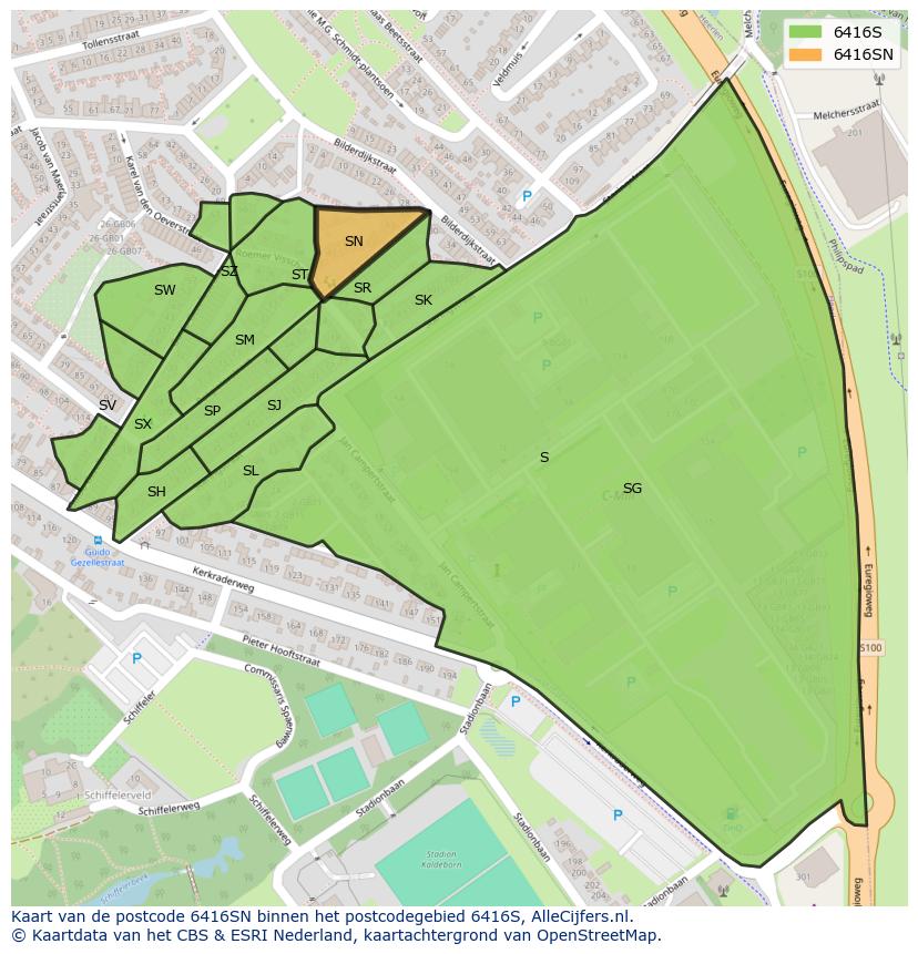 Afbeelding van het postcodegebied 6416 SN op de kaart.