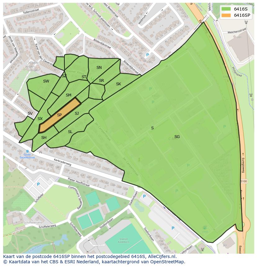 Afbeelding van het postcodegebied 6416 SP op de kaart.