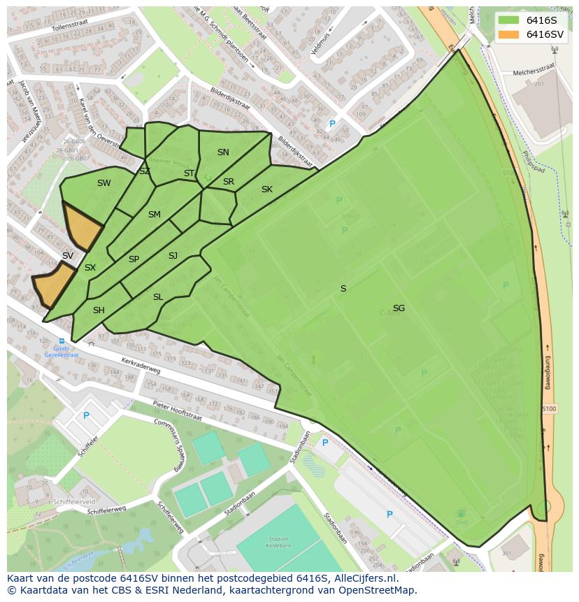 Afbeelding van het postcodegebied 6416 SV op de kaart.