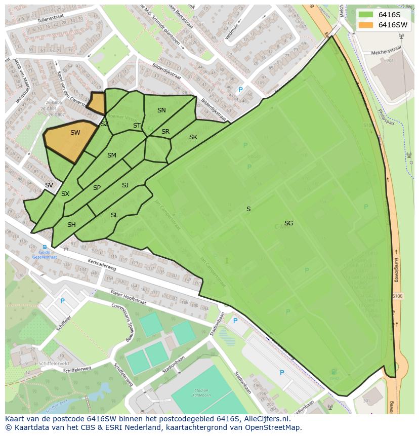 Afbeelding van het postcodegebied 6416 SW op de kaart.