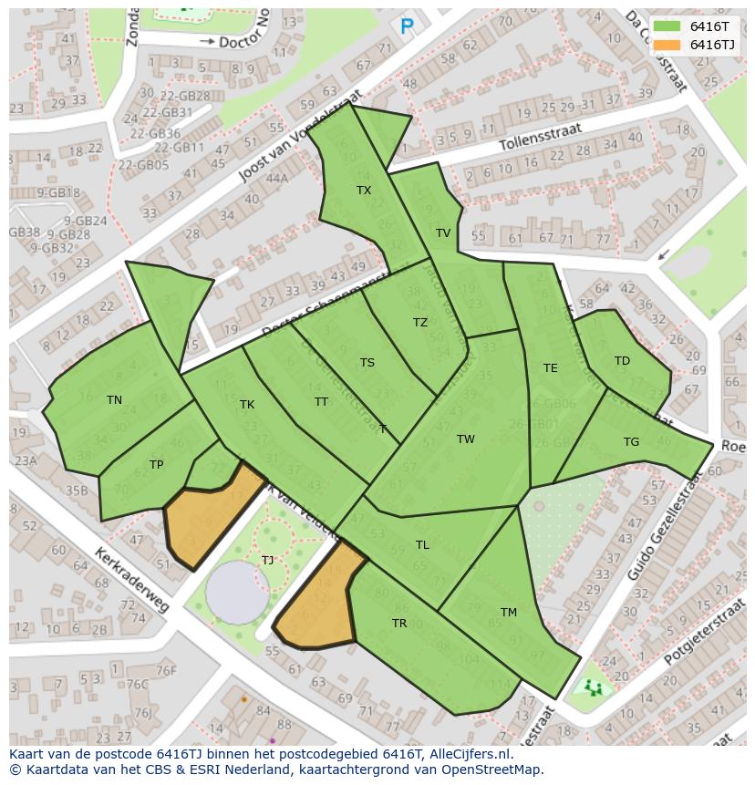 Afbeelding van het postcodegebied 6416 TJ op de kaart.