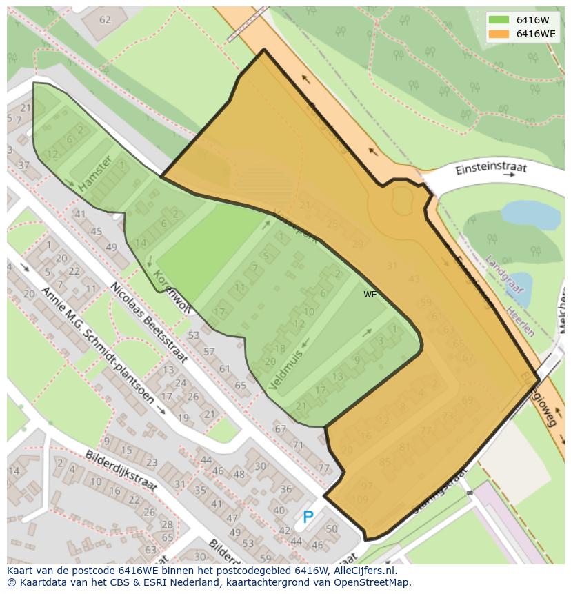 Afbeelding van het postcodegebied 6416 WE op de kaart.