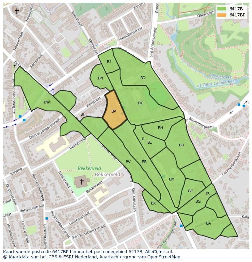 Afbeelding van het postcodegebied 6417 BP op de kaart.