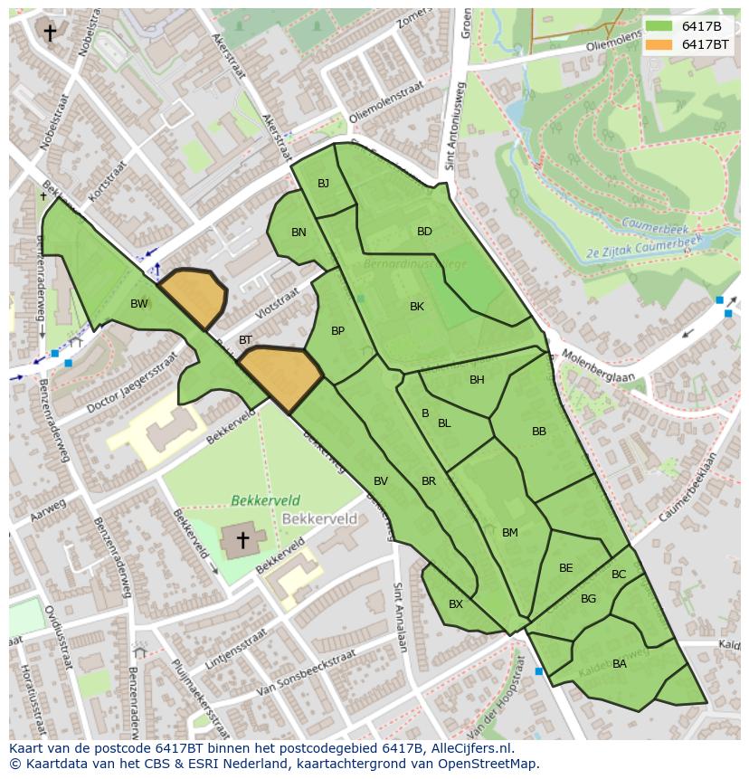 Afbeelding van het postcodegebied 6417 BT op de kaart.