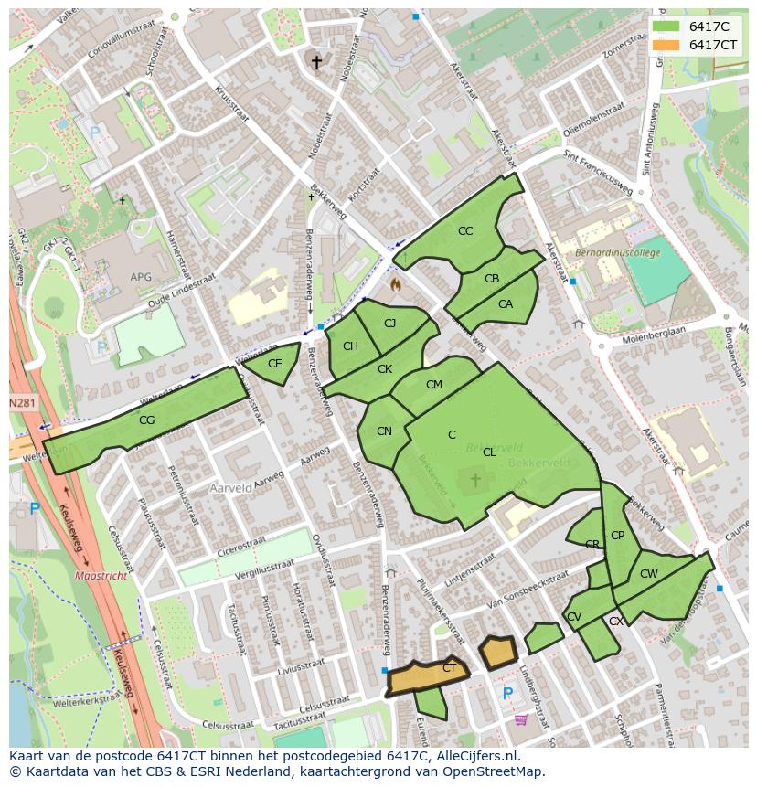 Afbeelding van het postcodegebied 6417 CT op de kaart.