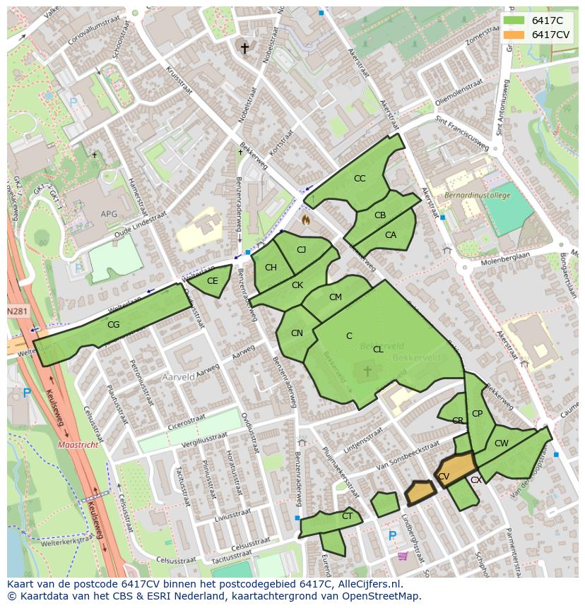 Afbeelding van het postcodegebied 6417 CV op de kaart.