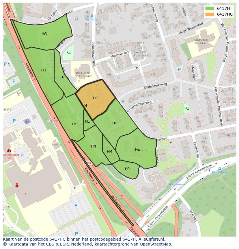 Afbeelding van het postcodegebied 6417 HC op de kaart.