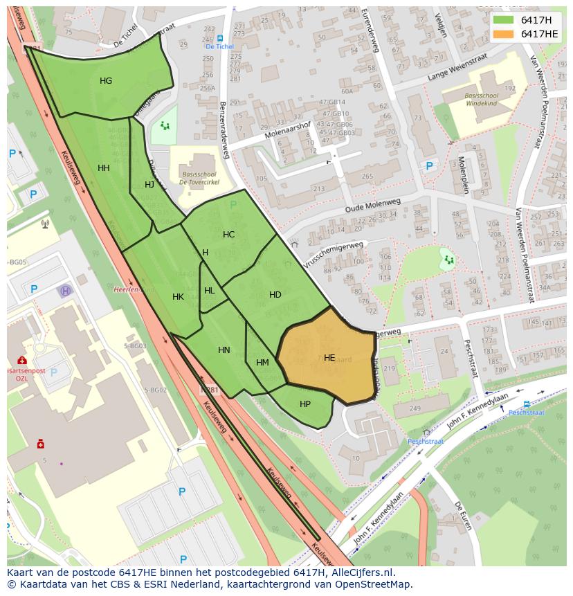 Afbeelding van het postcodegebied 6417 HE op de kaart.