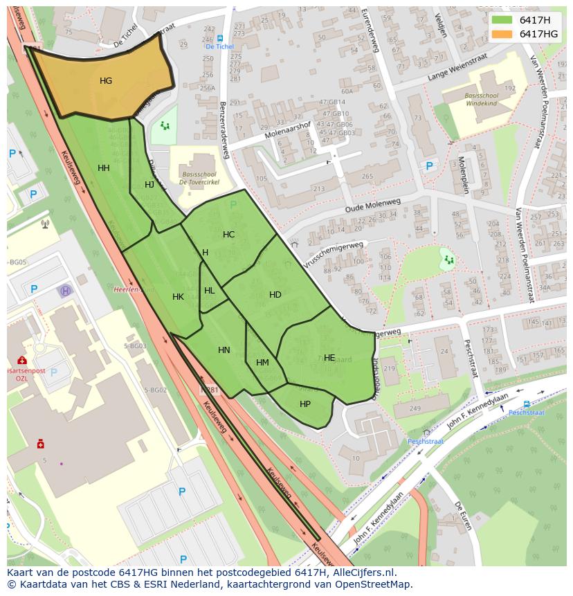 Afbeelding van het postcodegebied 6417 HG op de kaart.