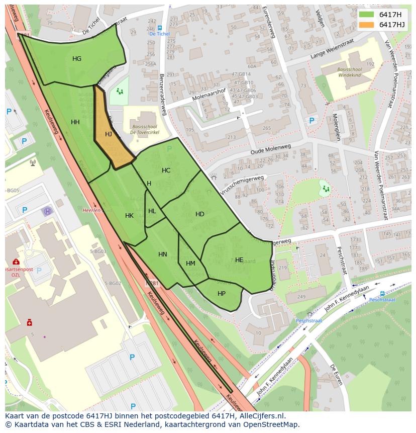 Afbeelding van het postcodegebied 6417 HJ op de kaart.