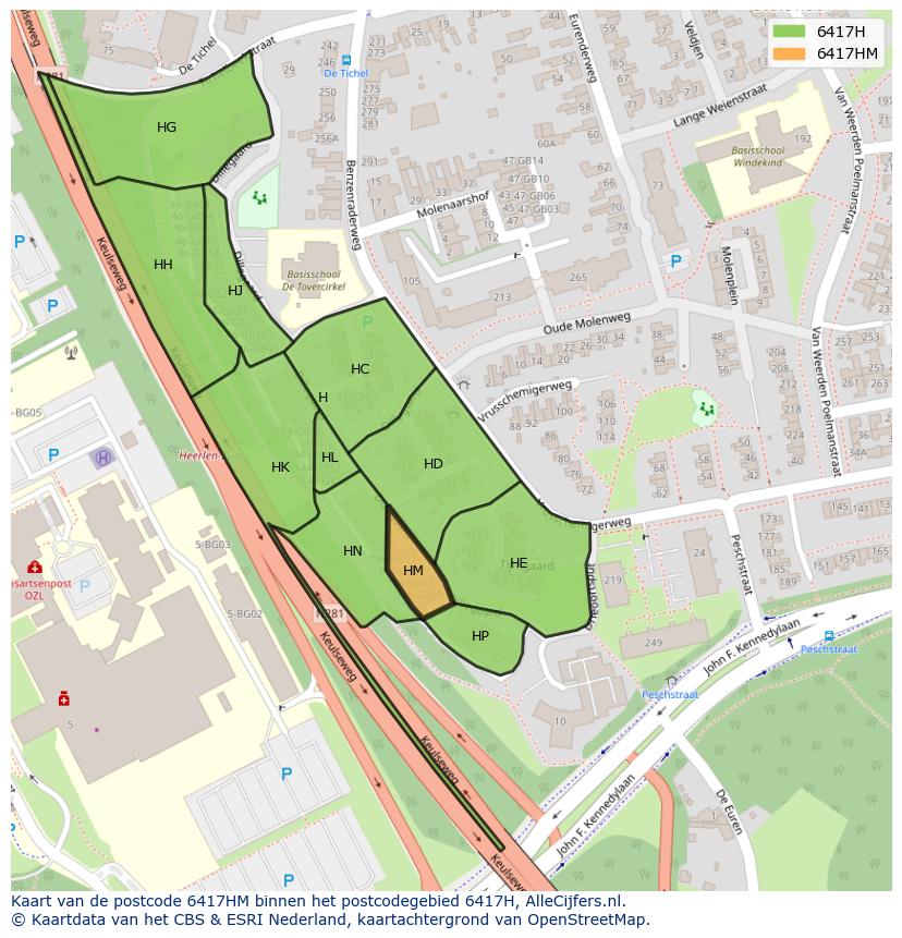Afbeelding van het postcodegebied 6417 HM op de kaart.