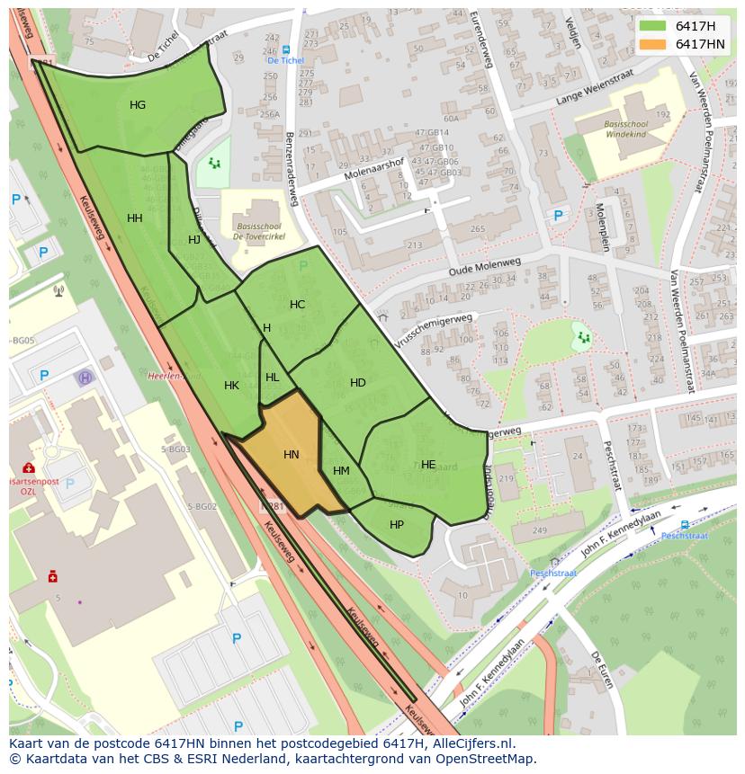 Afbeelding van het postcodegebied 6417 HN op de kaart.