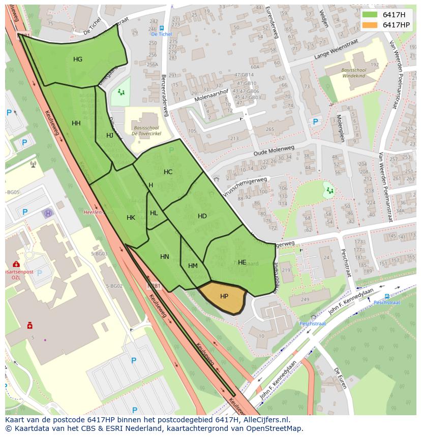 Afbeelding van het postcodegebied 6417 HP op de kaart.