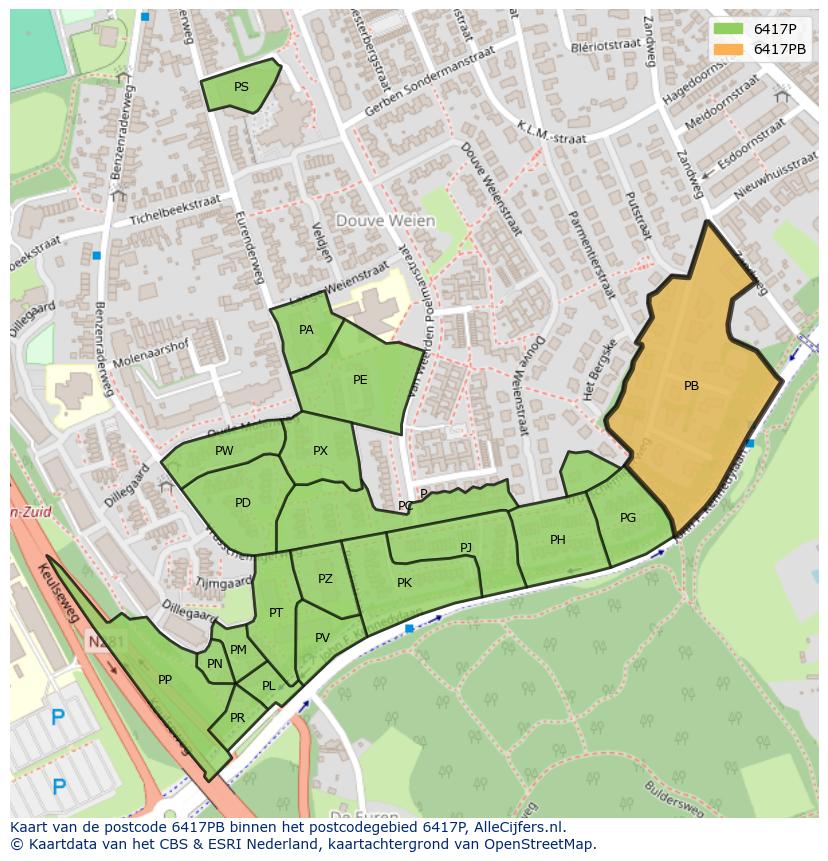Afbeelding van het postcodegebied 6417 PB op de kaart.