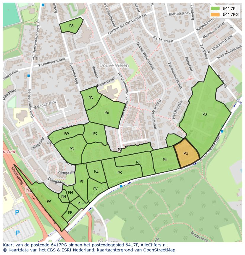 Afbeelding van het postcodegebied 6417 PG op de kaart.