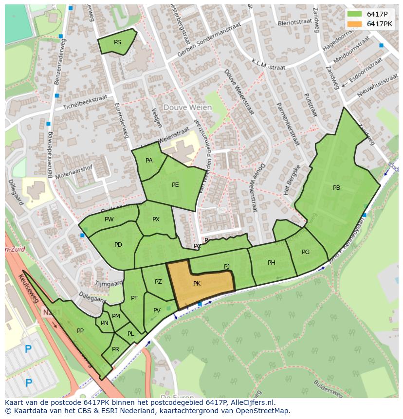 Afbeelding van het postcodegebied 6417 PK op de kaart.