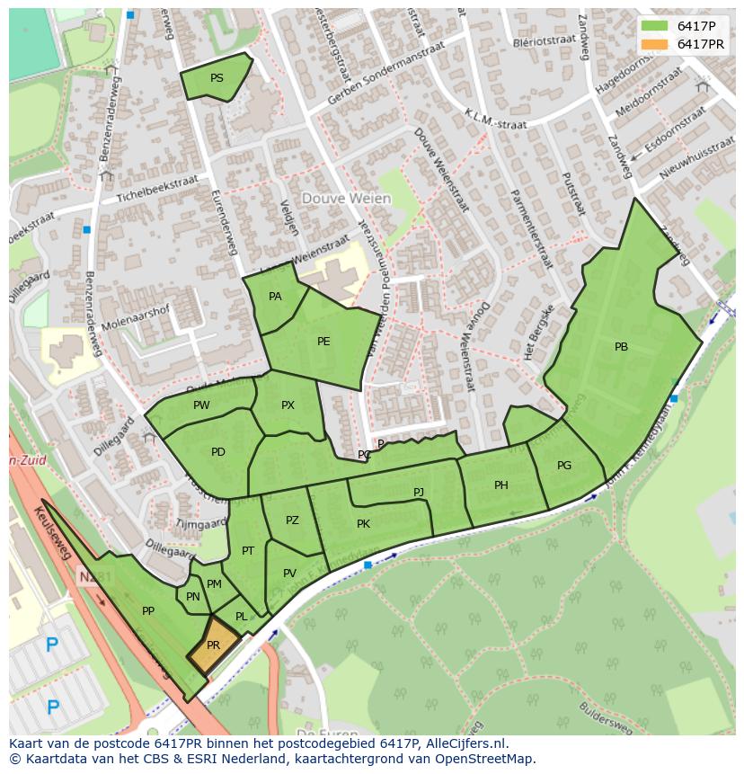 Afbeelding van het postcodegebied 6417 PR op de kaart.