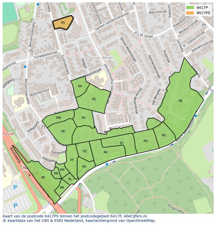 Afbeelding van het postcodegebied 6417 PS op de kaart.