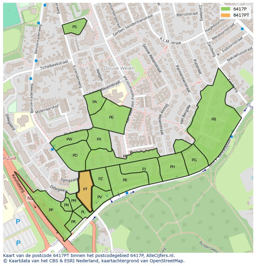Afbeelding van het postcodegebied 6417 PT op de kaart.