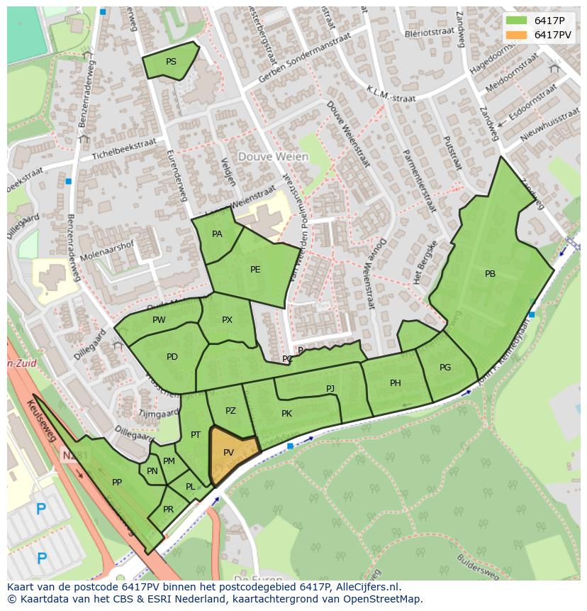 Afbeelding van het postcodegebied 6417 PV op de kaart.