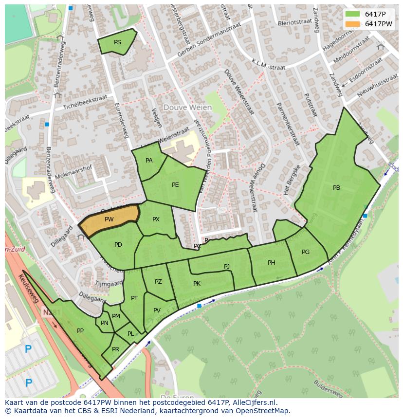 Afbeelding van het postcodegebied 6417 PW op de kaart.