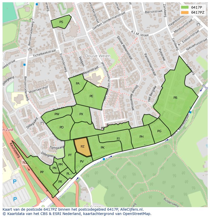 Afbeelding van het postcodegebied 6417 PZ op de kaart.