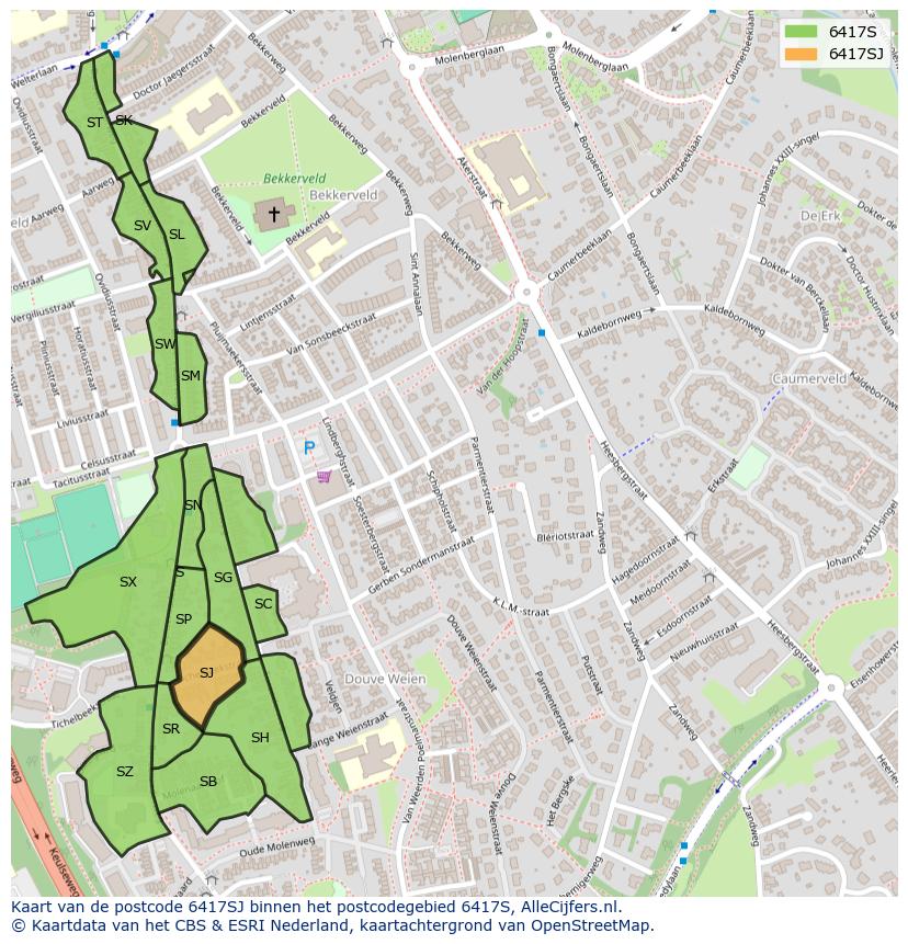 Afbeelding van het postcodegebied 6417 SJ op de kaart.