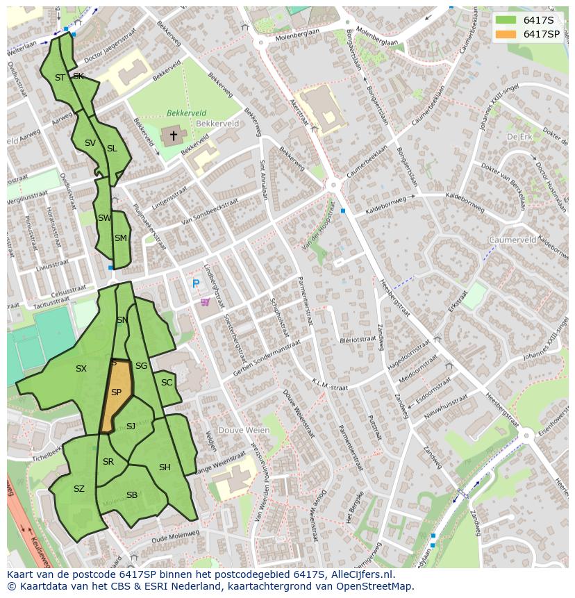 Afbeelding van het postcodegebied 6417 SP op de kaart.