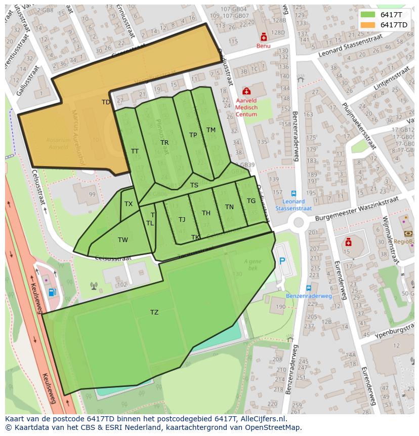 Afbeelding van het postcodegebied 6417 TD op de kaart.