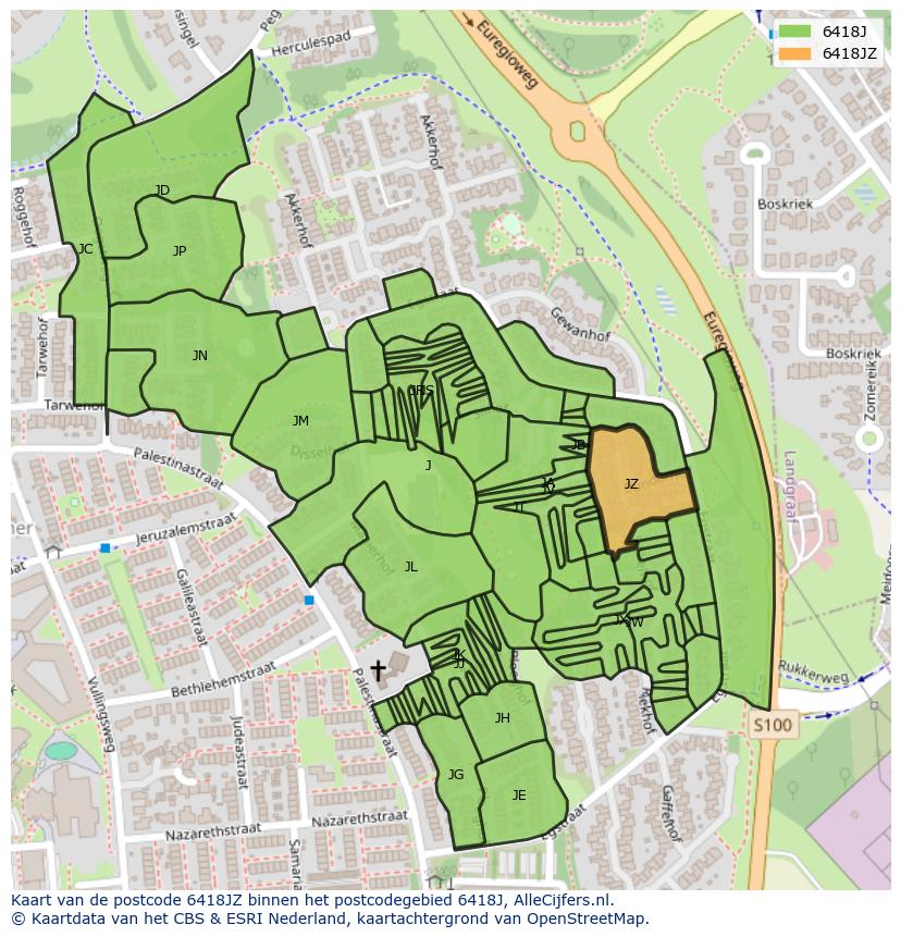Afbeelding van het postcodegebied 6418 JZ op de kaart.