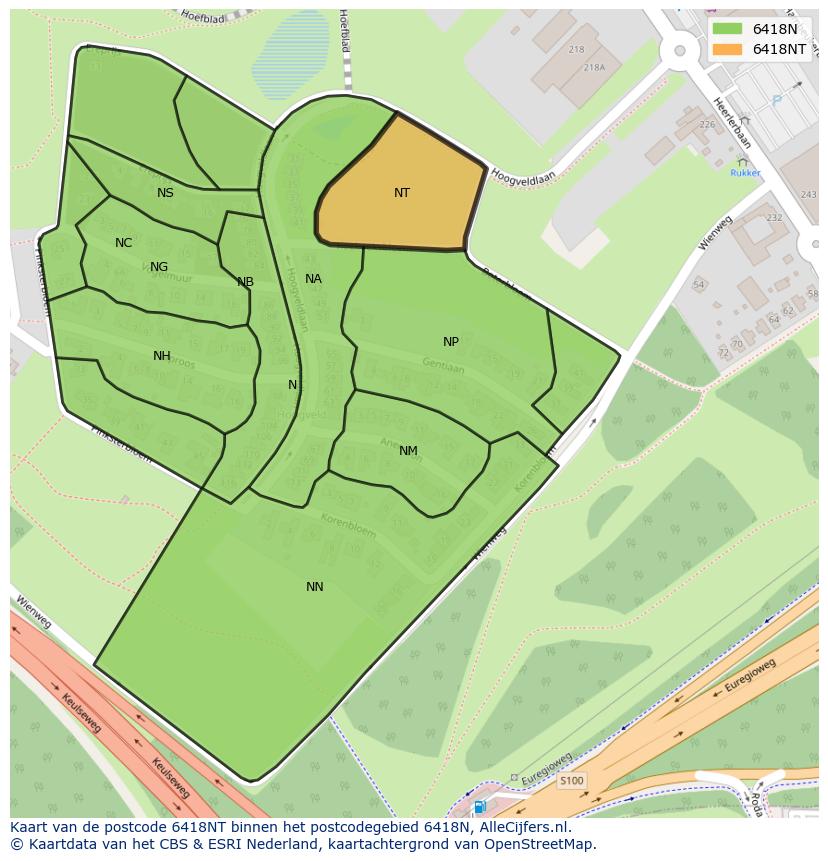 Afbeelding van het postcodegebied 6418 NT op de kaart.