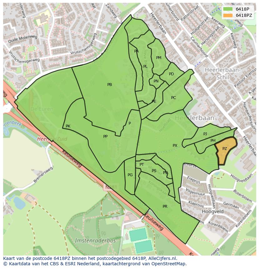Afbeelding van het postcodegebied 6418 PZ op de kaart.