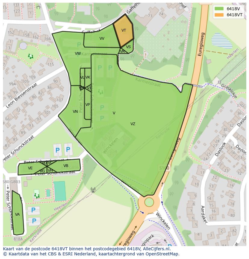 Afbeelding van het postcodegebied 6418 VT op de kaart.