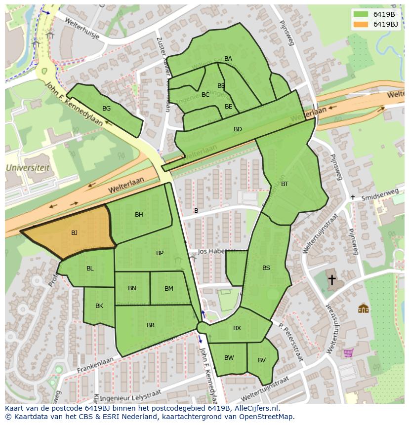 Afbeelding van het postcodegebied 6419 BJ op de kaart.