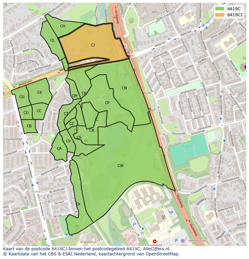 Afbeelding van het postcodegebied 6419 CJ op de kaart.