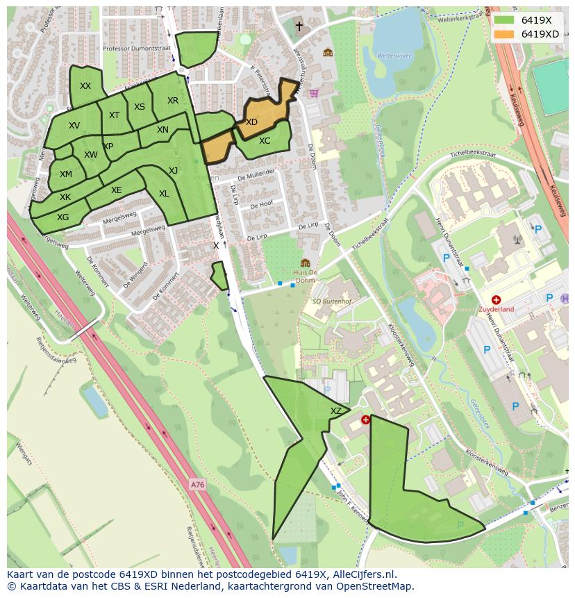 Afbeelding van het postcodegebied 6419 XD op de kaart.