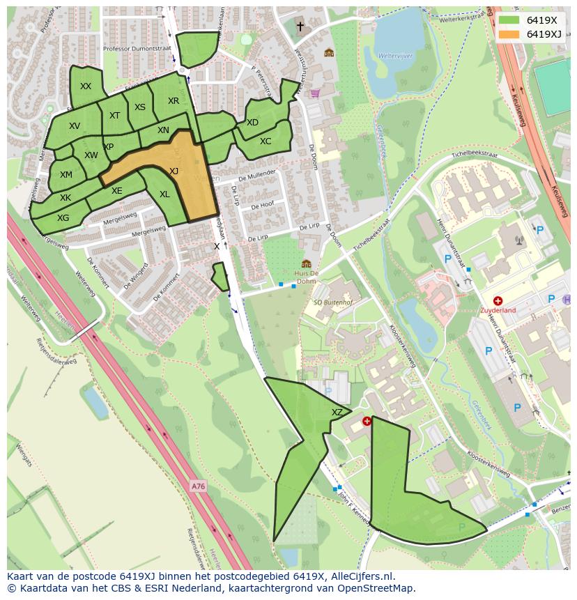 Afbeelding van het postcodegebied 6419 XJ op de kaart.