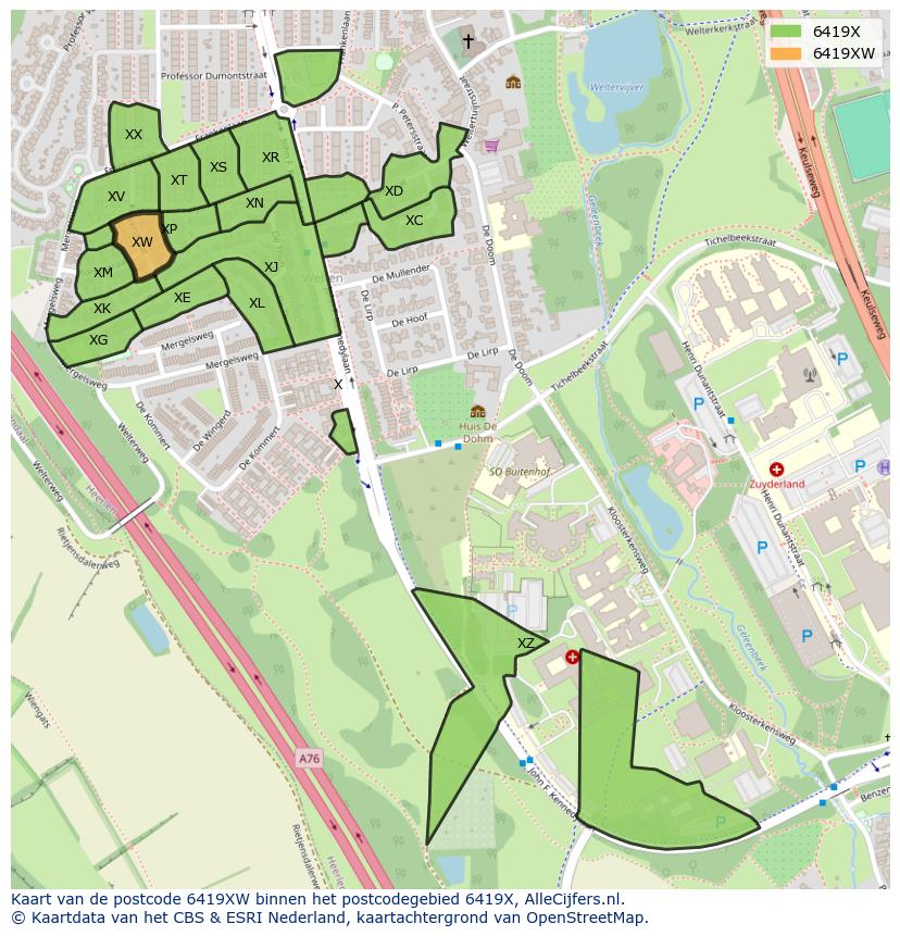 Afbeelding van het postcodegebied 6419 XW op de kaart.