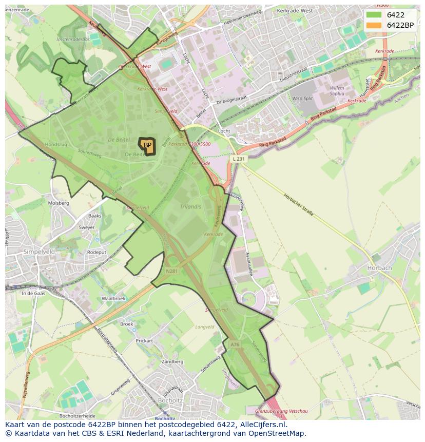 Afbeelding van het postcodegebied 6422 BP op de kaart.